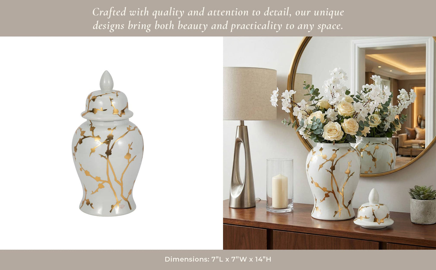 Decorative Temple Jar - White Ceramic Gold Cherry, 14 in.