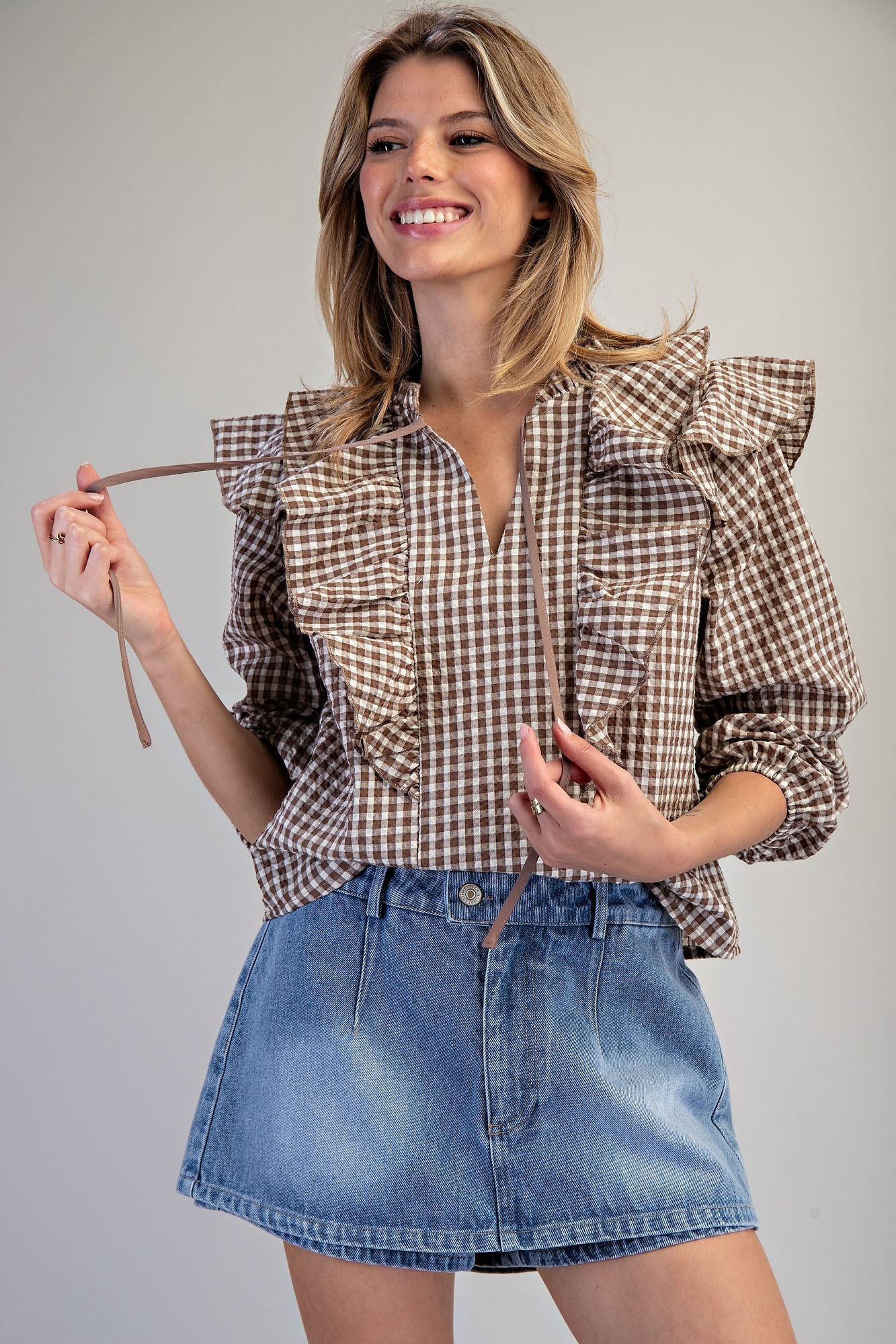 Gingham Print Ruffled Blouse in Mocha Brown