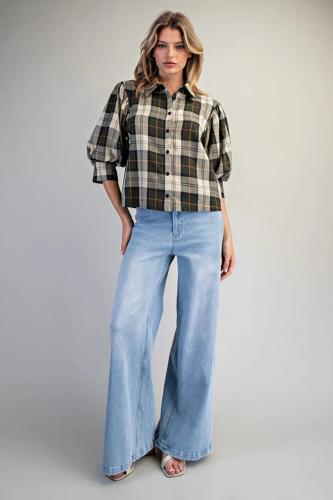 Plaid Button Down Blouse in Hunter Green