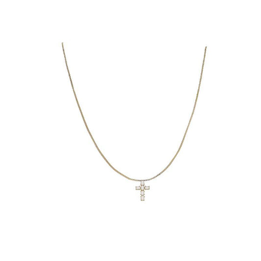 Gold Plated Gold Box Chain Necklace w/Clear Crystal Cross Pendant