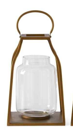 Gold Metal Trapezoid Lanterns w/Glass Hurricane (3 Sizes)