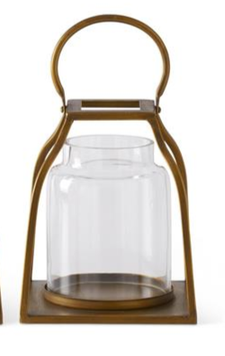 Gold Metal Trapezoid Lanterns w/Glass Hurricane (3 Sizes)