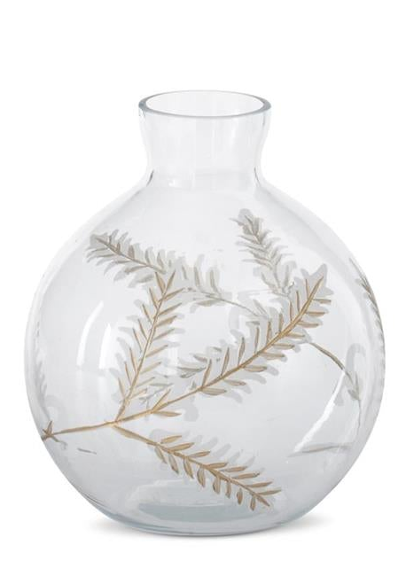 Round Etched White & Gold Painted Floral Glass Vases (3 Sizes)