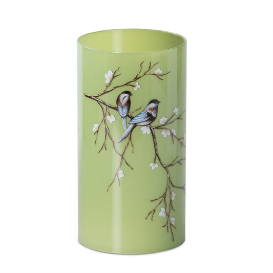 Green w/Blue Birds Glass Cylinder Candle Slip Cover - 7.75"