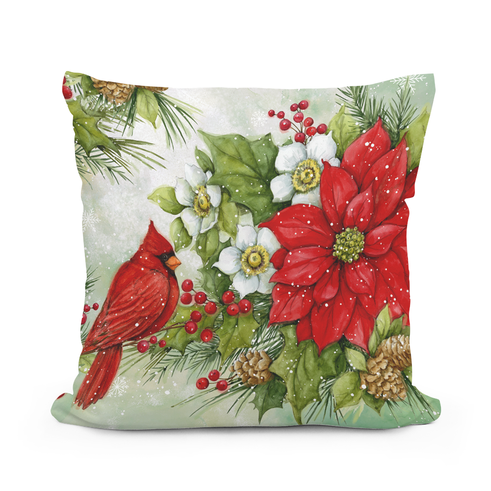 Pillow - Cardinal with Poinsettia - indoor / outdoor cushion: 19x24