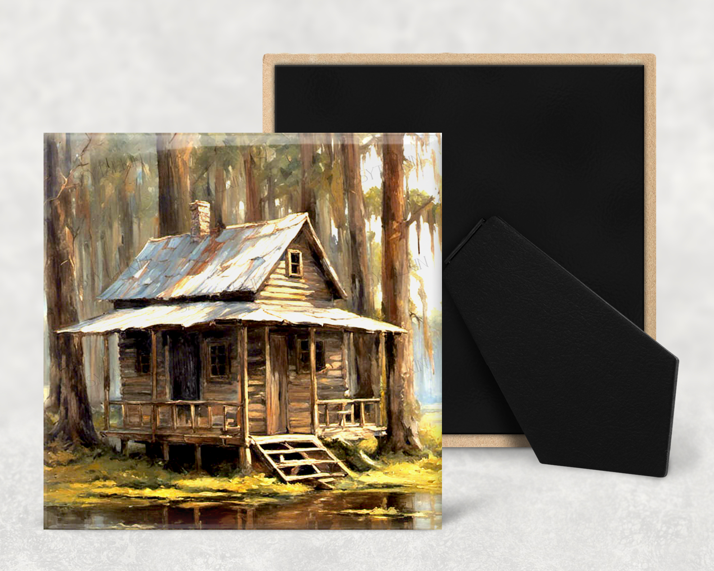 Art tile, CJ, Swamp cabin , 4"x4" Easel back