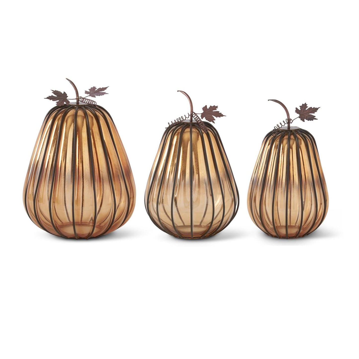 Orange Glass Pumpkin w/Dark Metal Stems (3 Sizes)