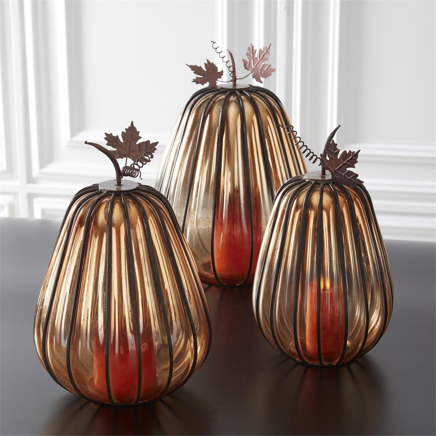 Orange Glass Pumpkin w/Dark Metal Stems (3 Sizes)