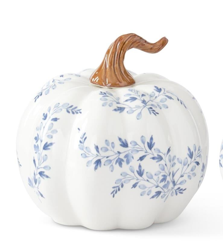 White w/Blue Floral Ceramic Pumpkins (2 Sizes)
