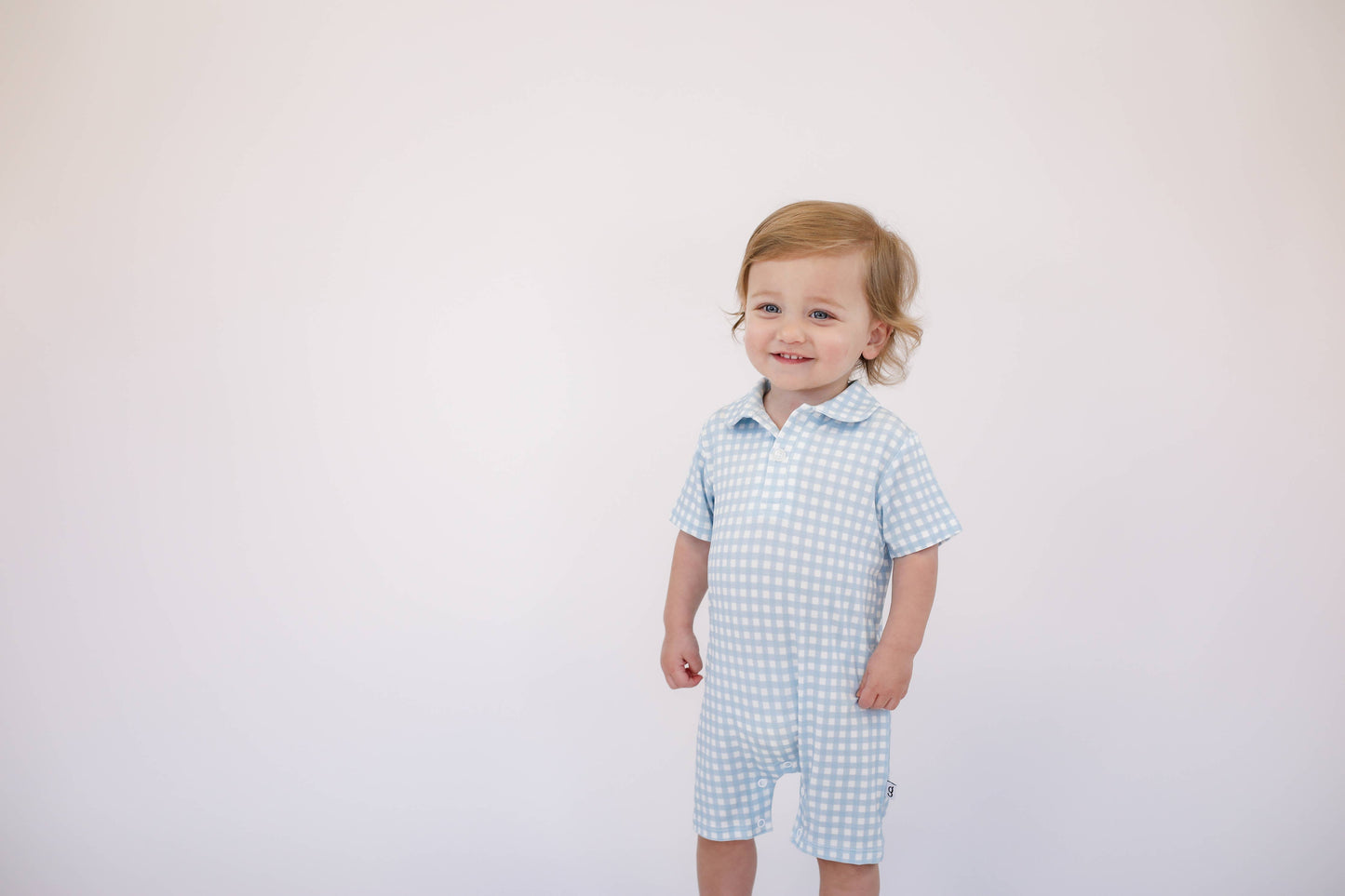Short Sleeve Polo Romper -Blue Gingham: 6-12 mo