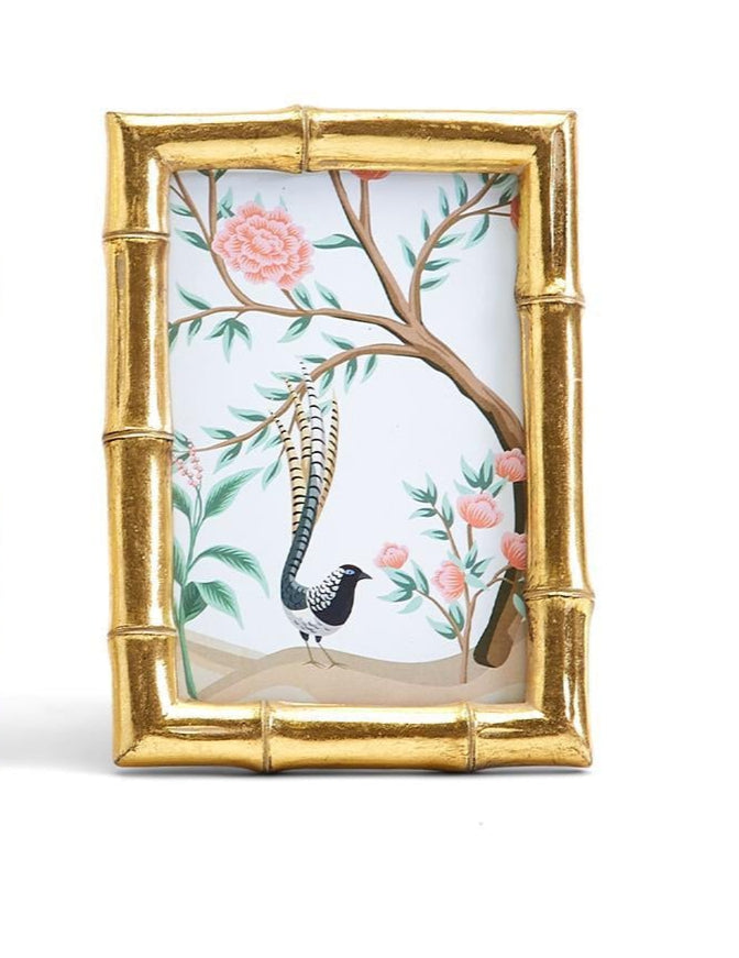Gold Faux Bamboo Photo Frame w/Flora and Fauna Art (2 Sizes)