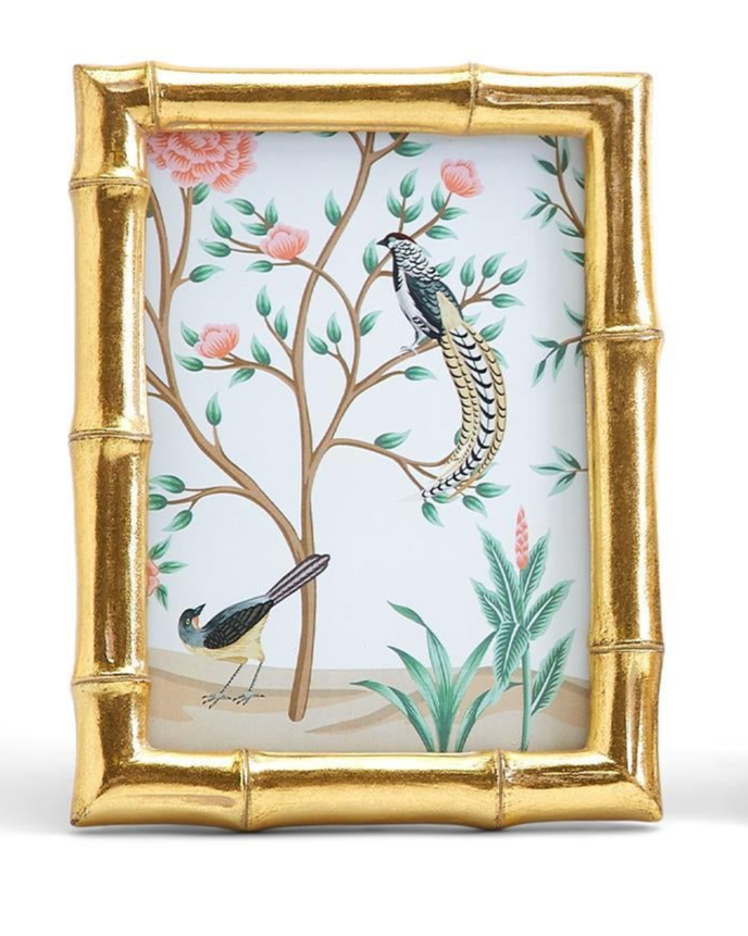 Gold Faux Bamboo Photo Frame w/Flora and Fauna Art (2 Sizes)