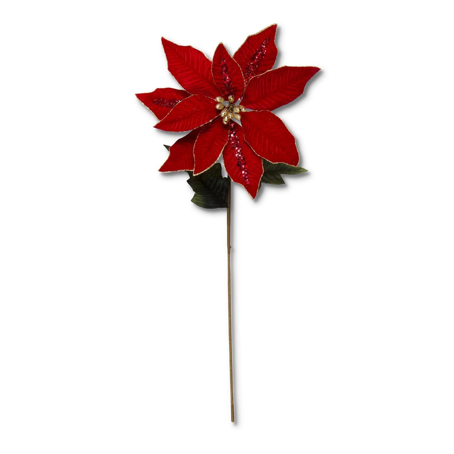Velvet Poinsettia Stem w/Sequins Gold Trim & Center