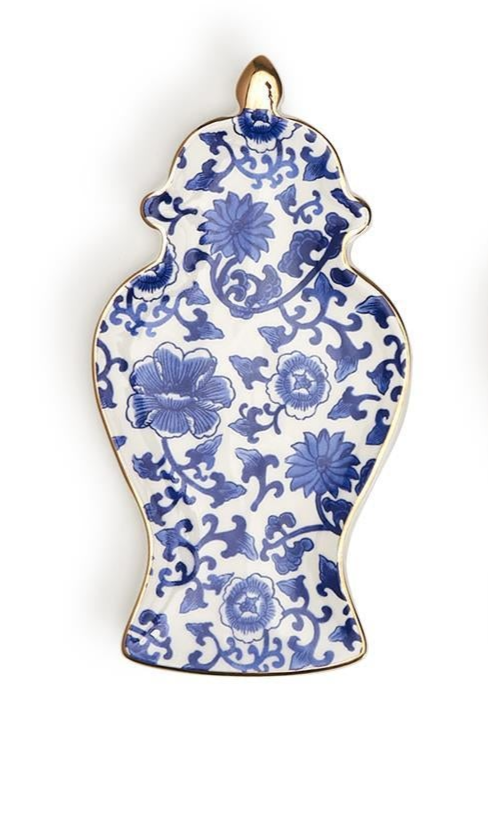 Blue and White Ginger Jar Trinket Tray w/Gold Accent (3 Styles)