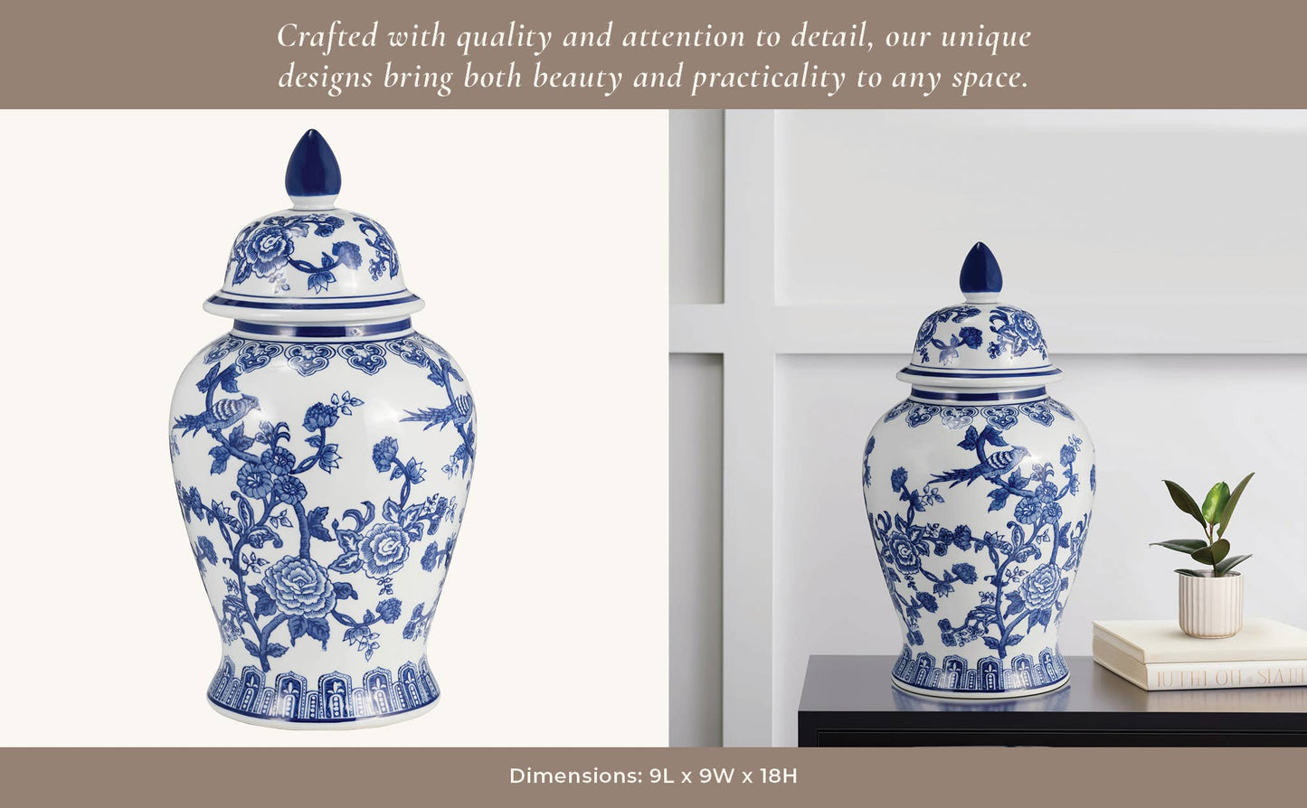 Blue 18 in. Ceramic Chinoiserie Temple Jar with Bird/Flower