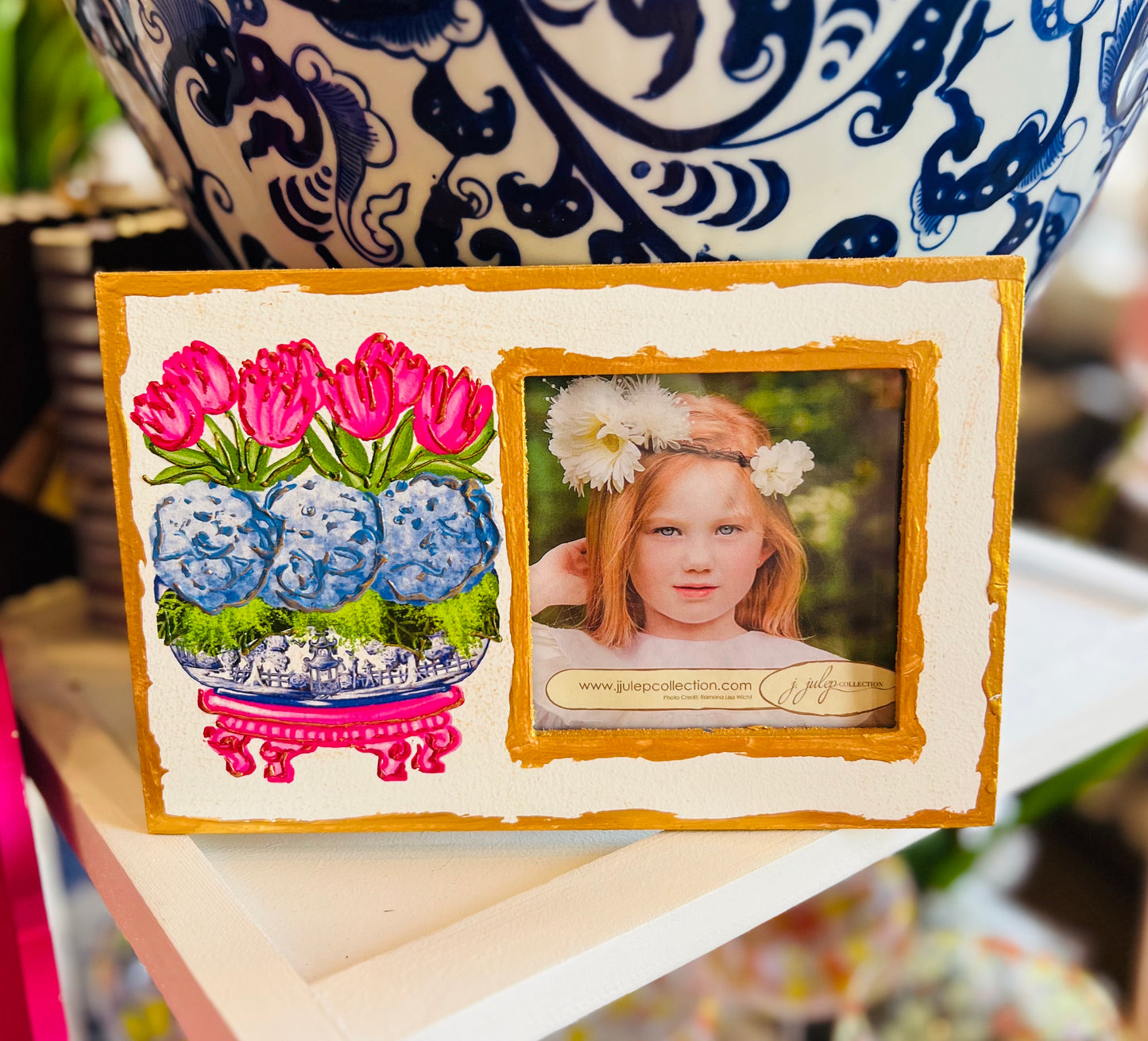 Blue Hydrangea w/Pink Tulips in Footbath Frame
