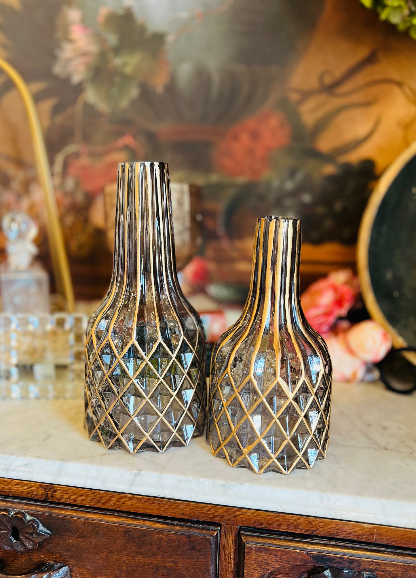 Smoked Glass Gold Diamond Embossed Bottle Neck Vases (2 Sizes)