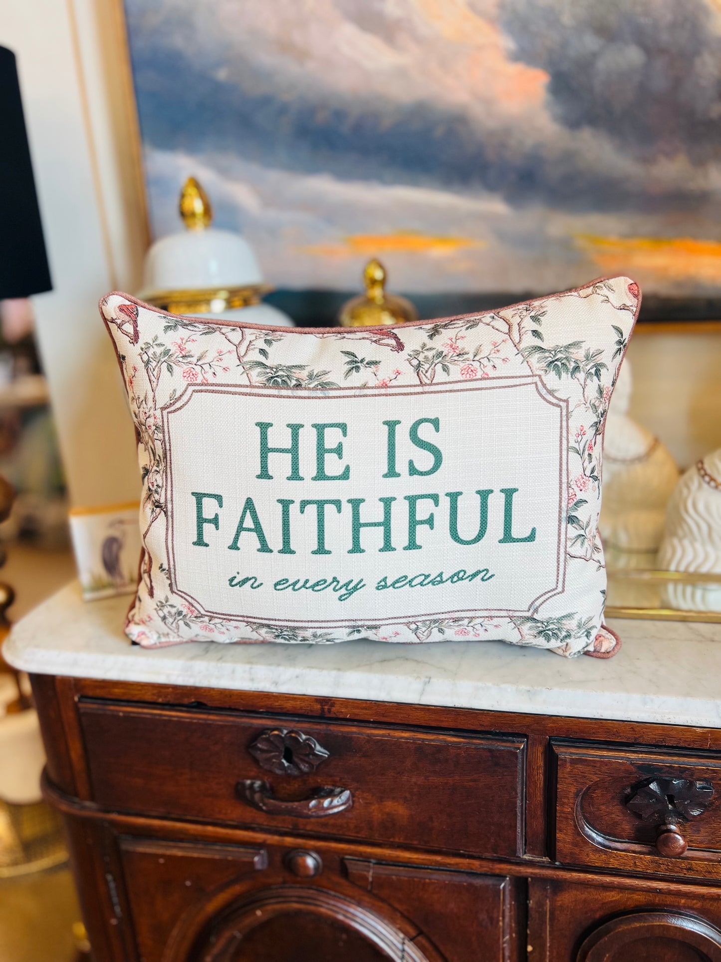 He is Faithful in Every Season Toile Pillow - Hazelnut Piping