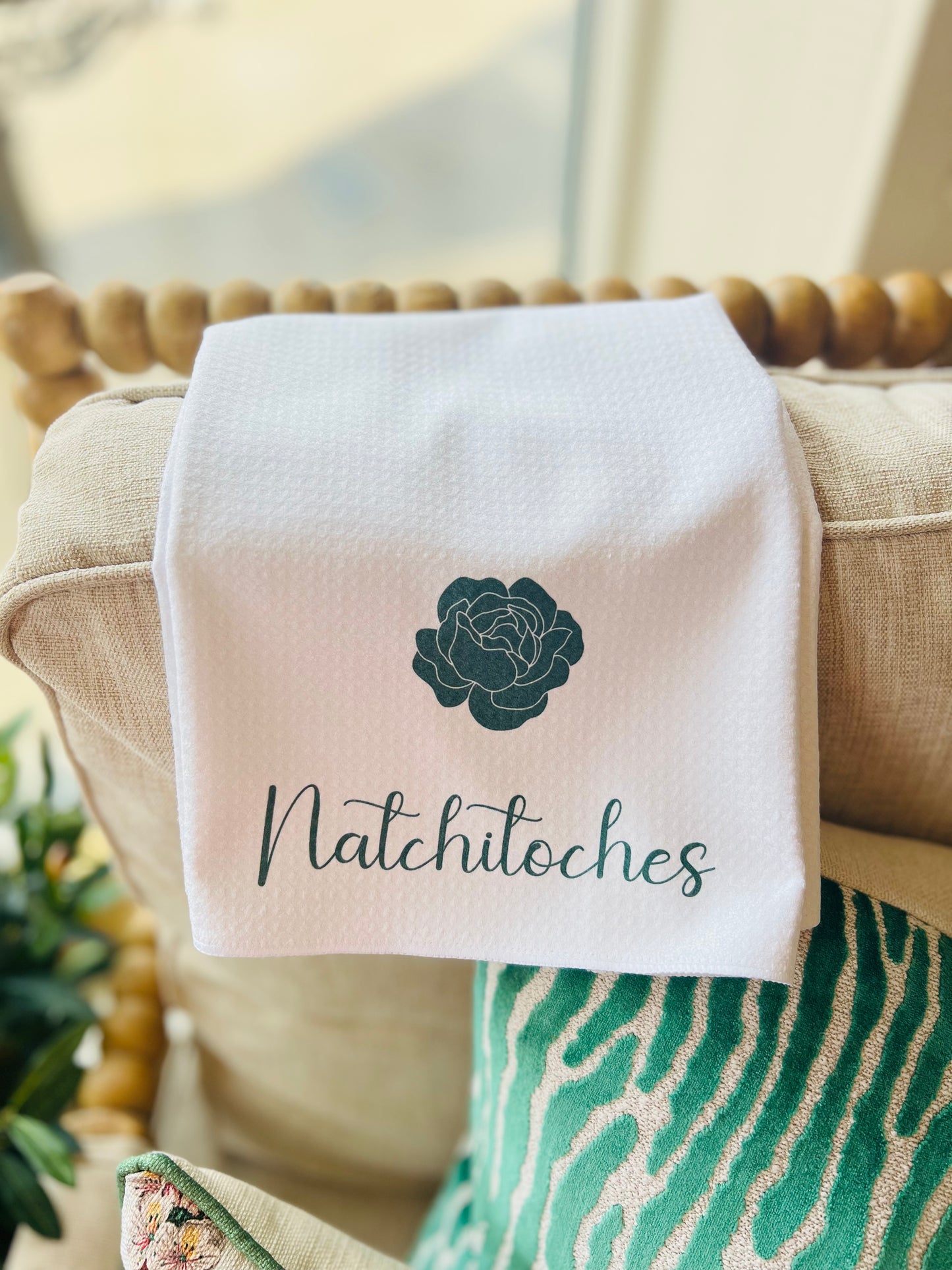 All Purpose Waffle Towel - Printed Flower/Natchitoches in Hunter Green