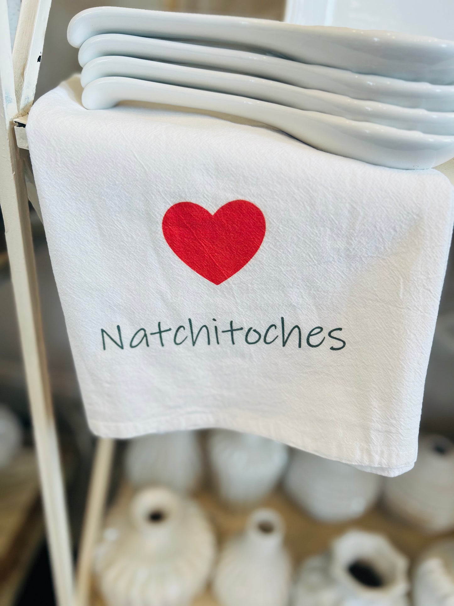 Flour Sack Towel - Red Heart w/Natchitoches Printed in Hunter Green
