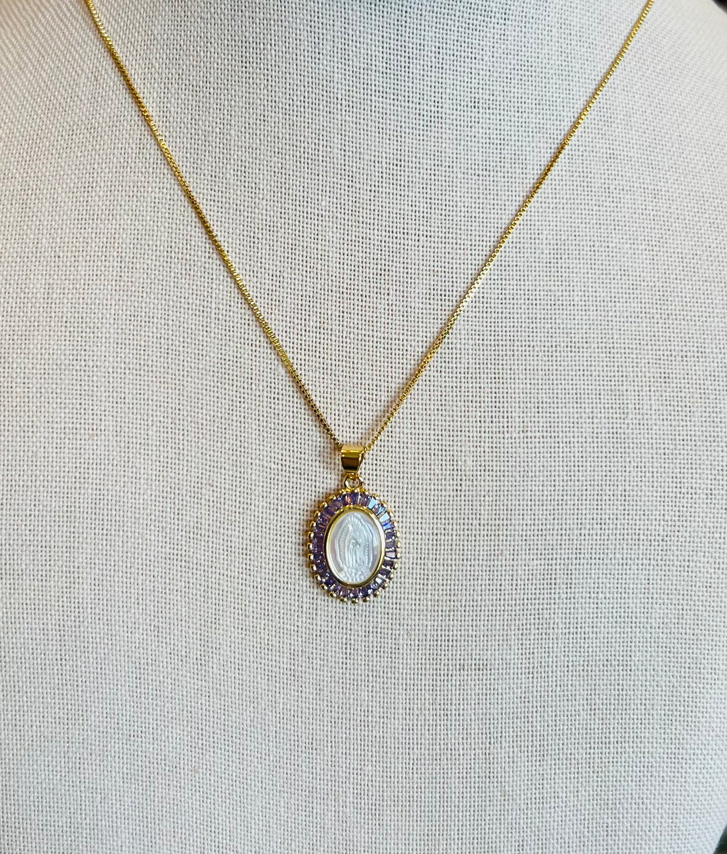 Gold Plated Jesus Virgin Mary Oval Shell Crystal Zircon Pendant Necklace (5 Colors)