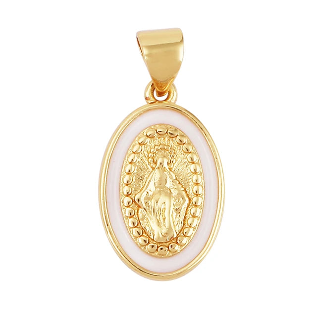 Virgin Mary Gold & Enamel Charm with Necklace - Assorted Colors