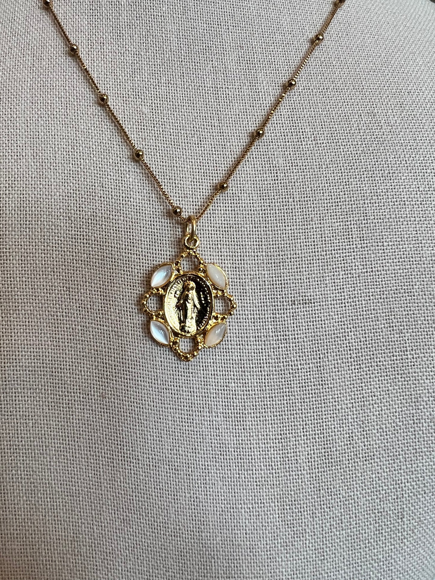 Virgin Mary Necklace w/4 Navette MOP Accent