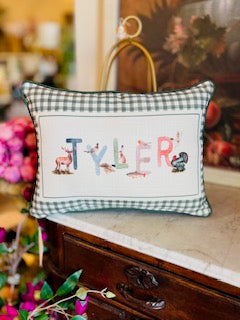 Gingham Wildlife Boy Name + Accent Piping