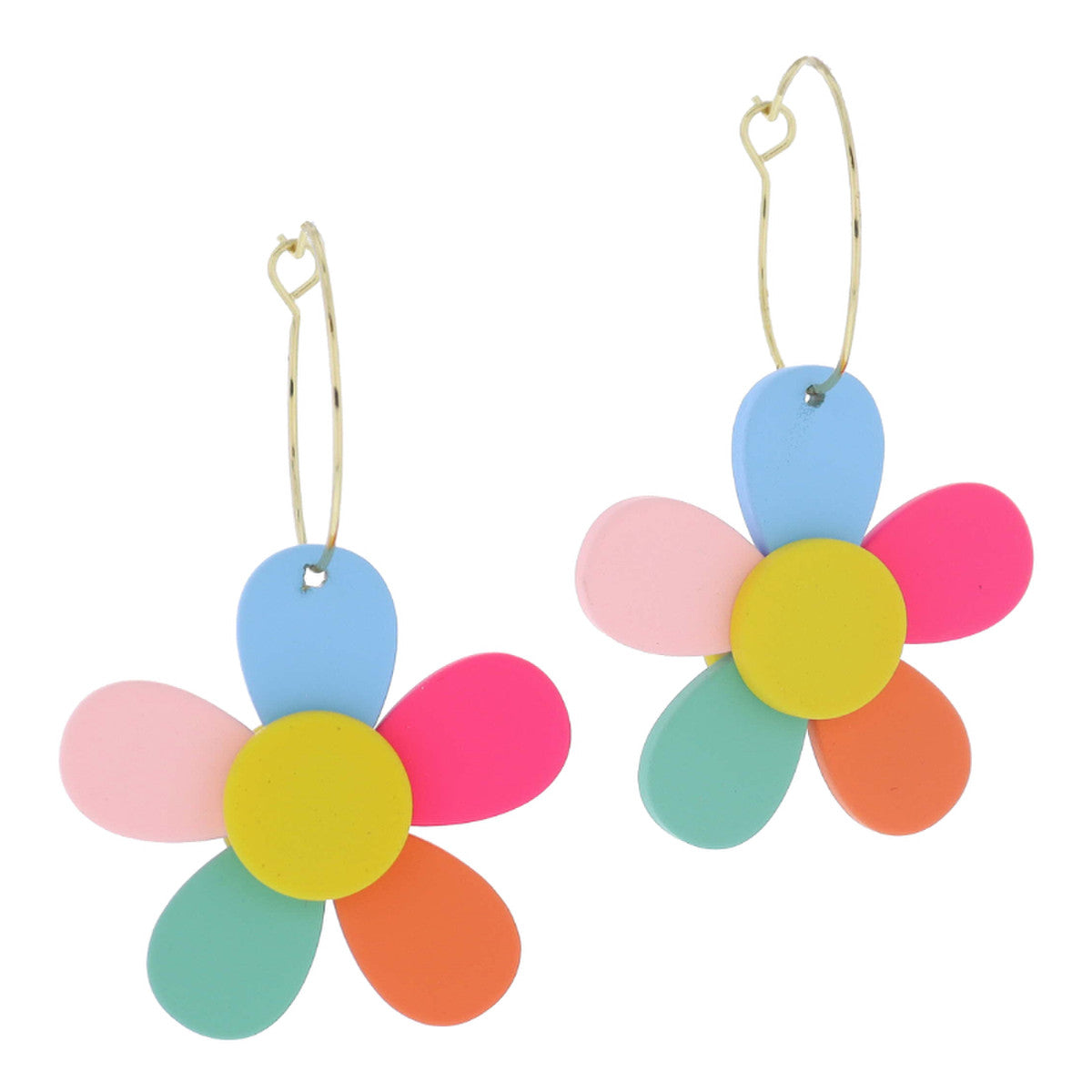 Thin Gold Hoop w/Multi Polymer Flower Earrings