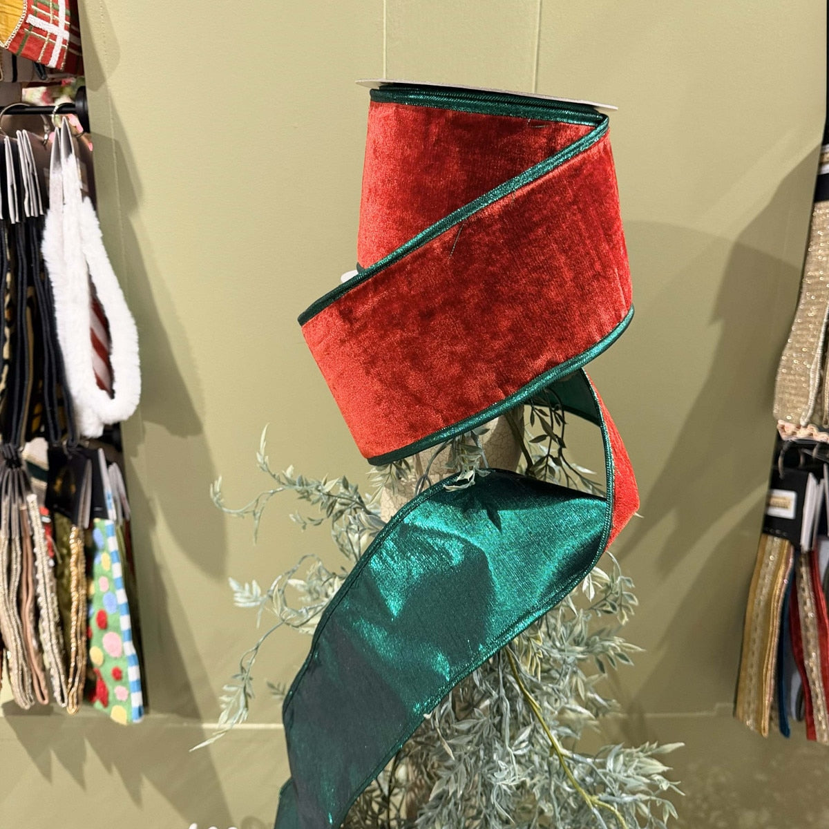 JME Red Velvet DBL Fused Metallic Dupion Green Piping Ribbon - 4x10yd