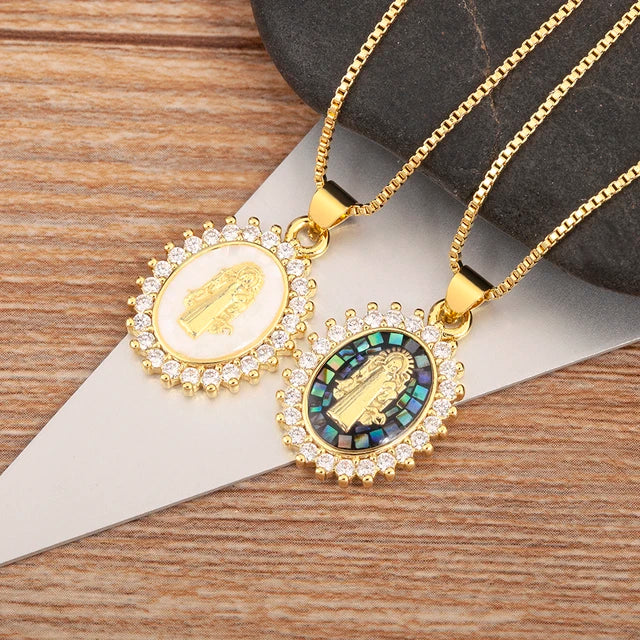 Religious Crystal Zircon Charm Pendant Necklace - assorted colors