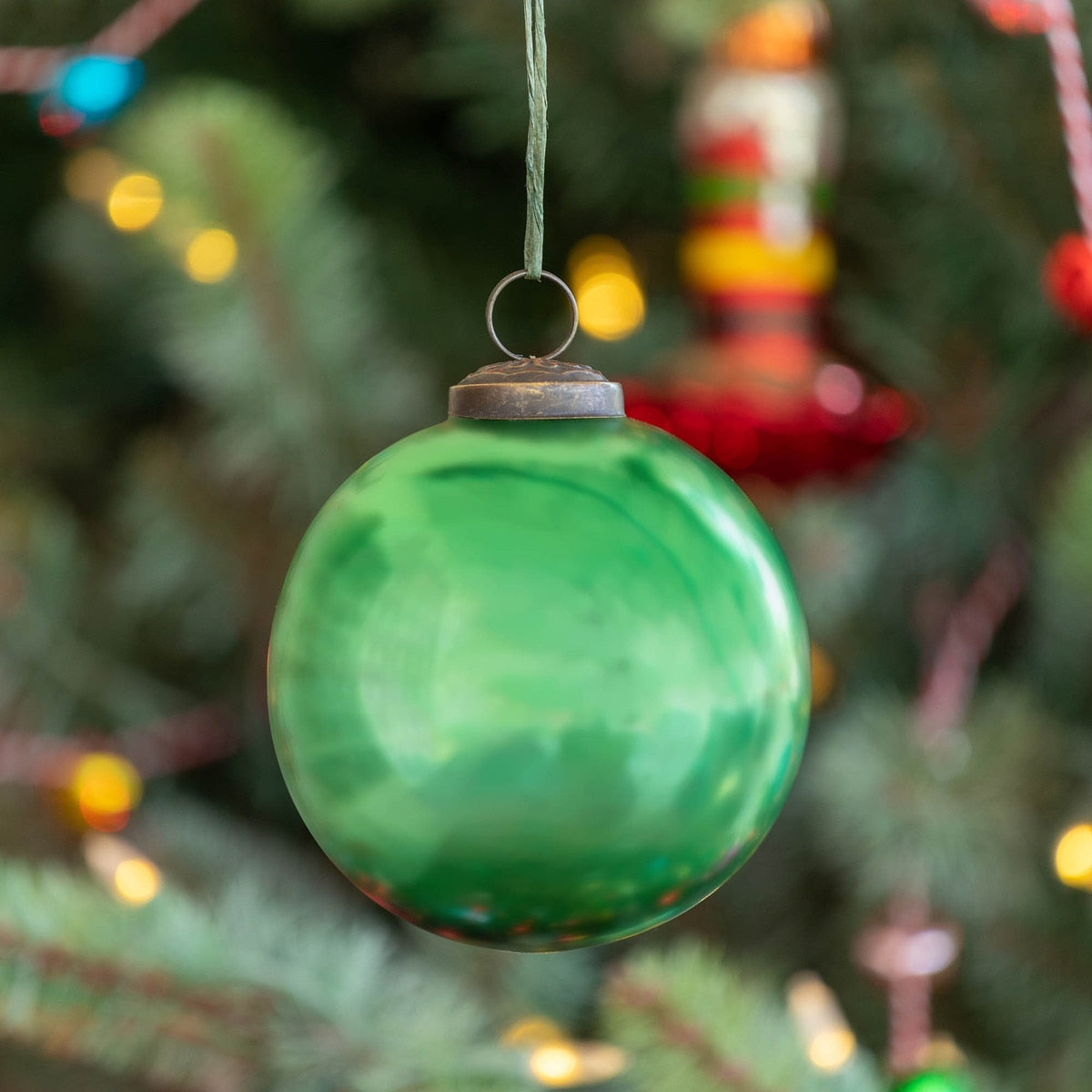 Antique Shiny Emerald Glass Ball Ornament - Medium