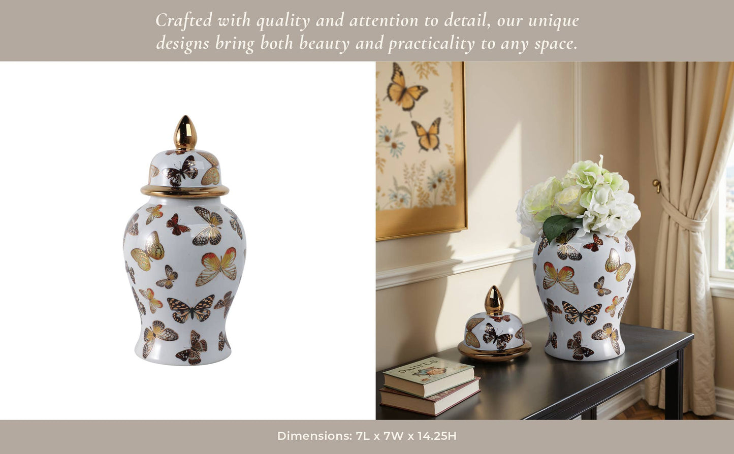Multicolor 14x7 in. Ceramic Glam Temple Jar with Butterflies