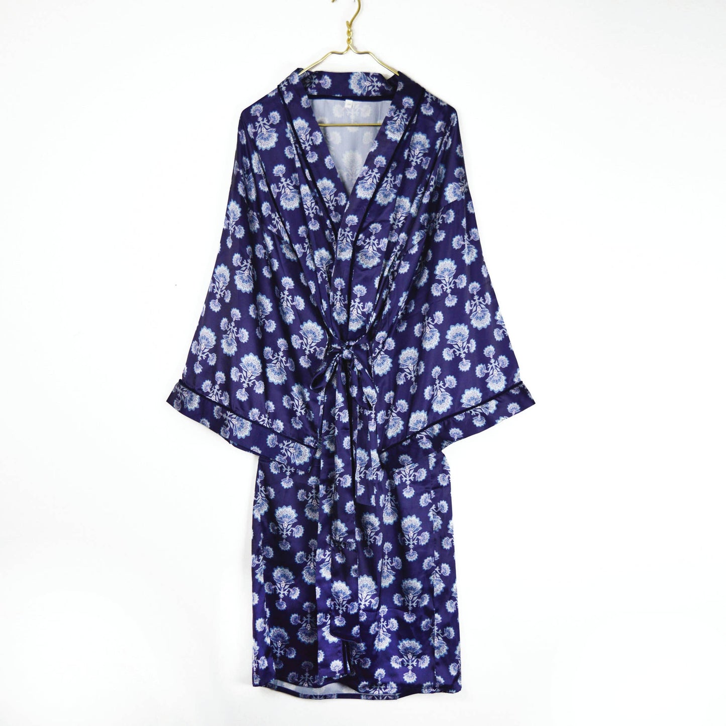 Navy Fan Satin Robe: Large/Extra Large