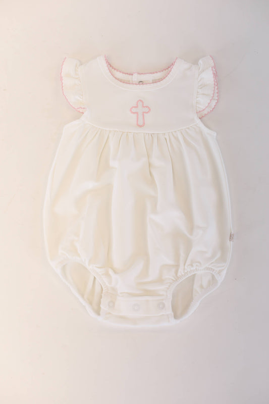 Pip Embroidered Flutter Bubble -Pink Cross: 3-6 mo