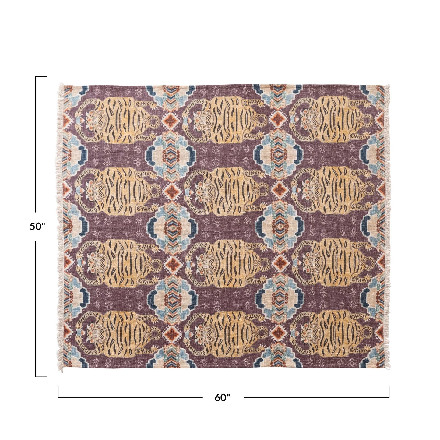 Cotton Slub Printed Throw w/Tibetan Tigers Pattern & Fringe