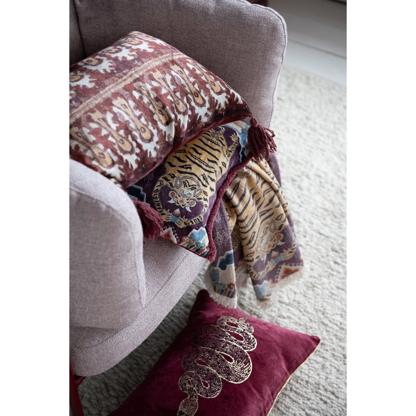 Cotton Velvet Printed Lumbar Pillow w/Tibetan Tigers Pattern, Beads & Eyelash Fringe
