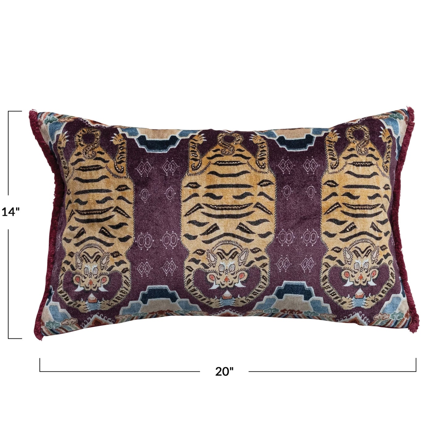 Cotton Velvet Printed Lumbar Pillow w/Tibetan Tigers Pattern, Beads & Eyelash Fringe