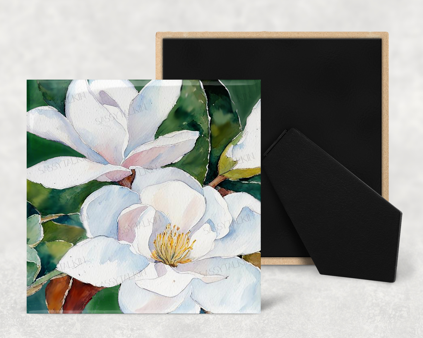 Art Tile, FL, Magnolia 6"x6", Ceramic art tile, watercolor, easel back