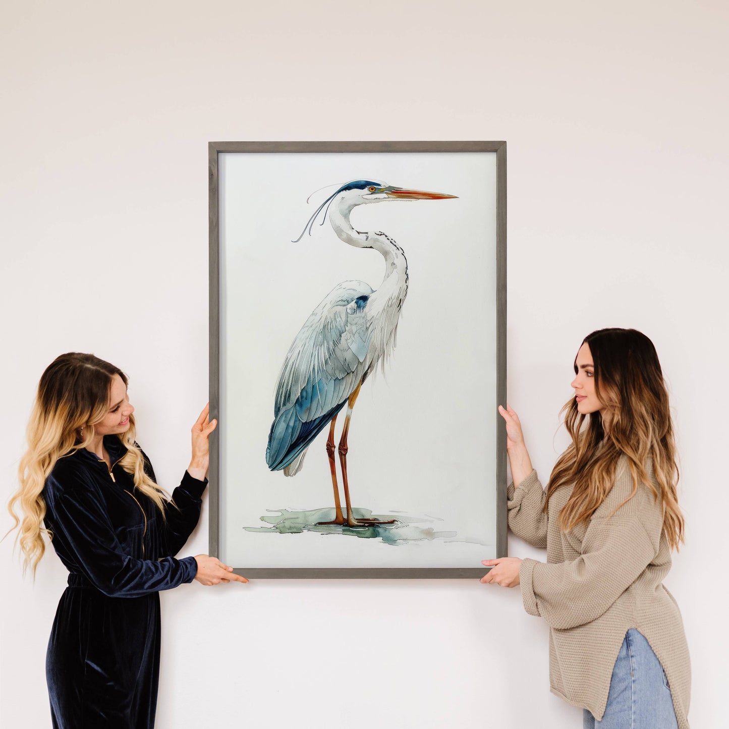Blue Crane - Bird Canvas Wall Art - Wood Framed Wall Art: 24x36" Extra Large Canvas Art with Thick Wood Frame