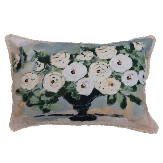 Cotton Printed Lumbar Pillow w/ Flowers and Eyelash Fringe, Polyester Fill