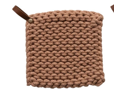 Cotton Crocheted Pot Holder w/ Leather Loop (4 Colors)