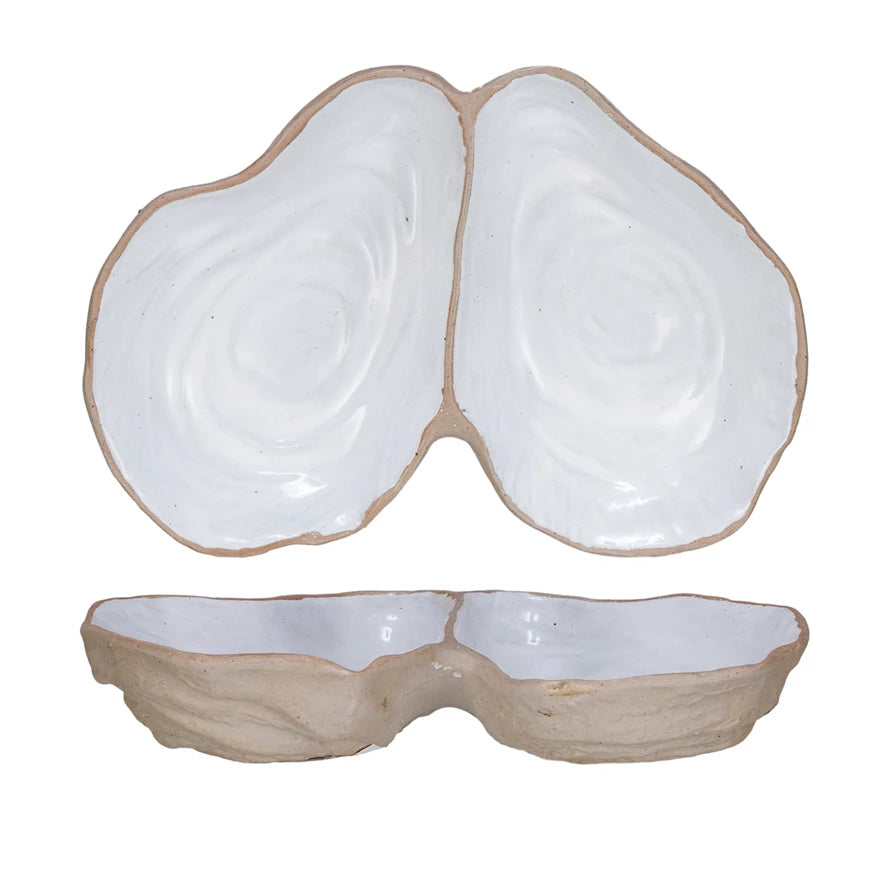 Stoneware Oyster Shell Shaped Dish w/2 Sections (Each One Will Vary)