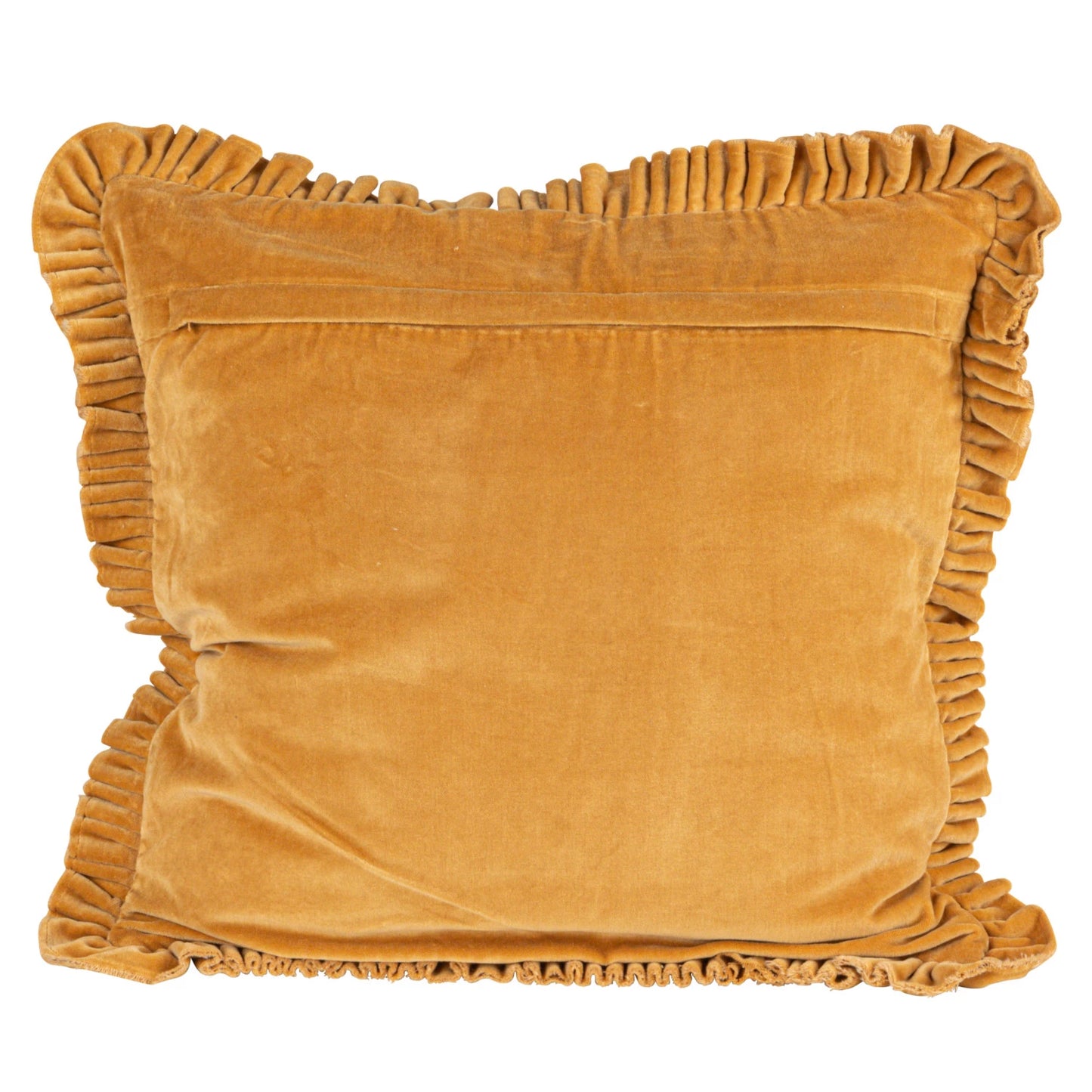 Square Cotton Velvet Pillow w/Ruffled Trim - Mustard Color