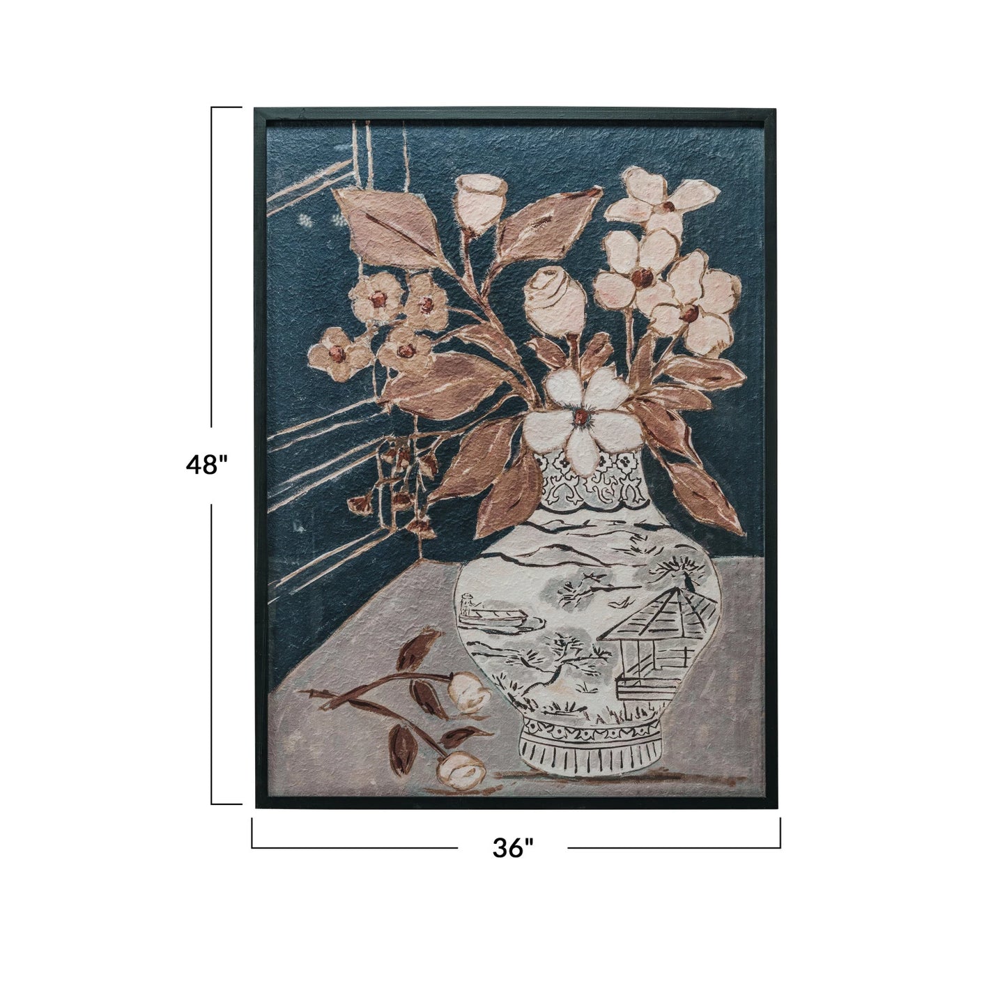 Wood Framed Glass Wall Decor w/Flowers in Vase