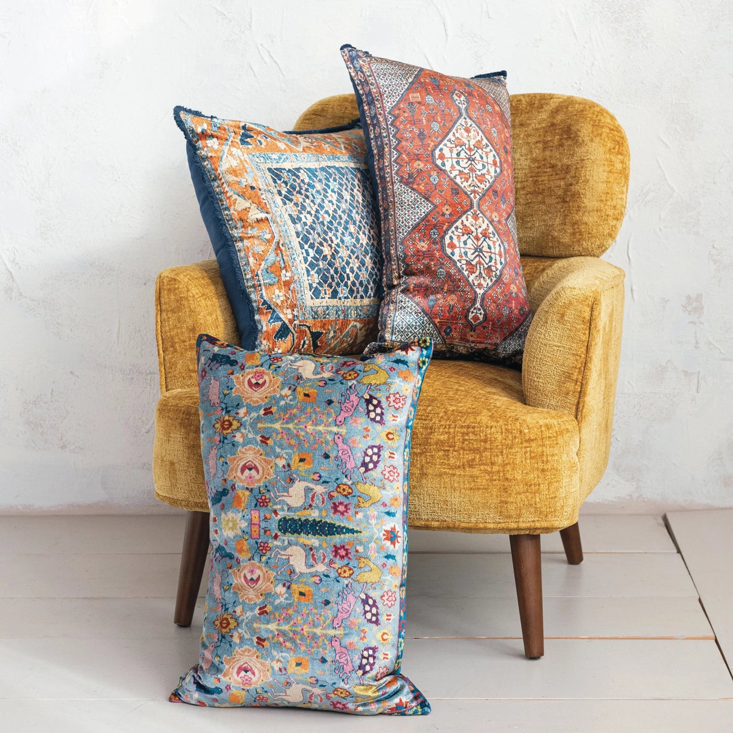 Cotton Blend Velvet Printed Lumbar Pillow w/Fringe