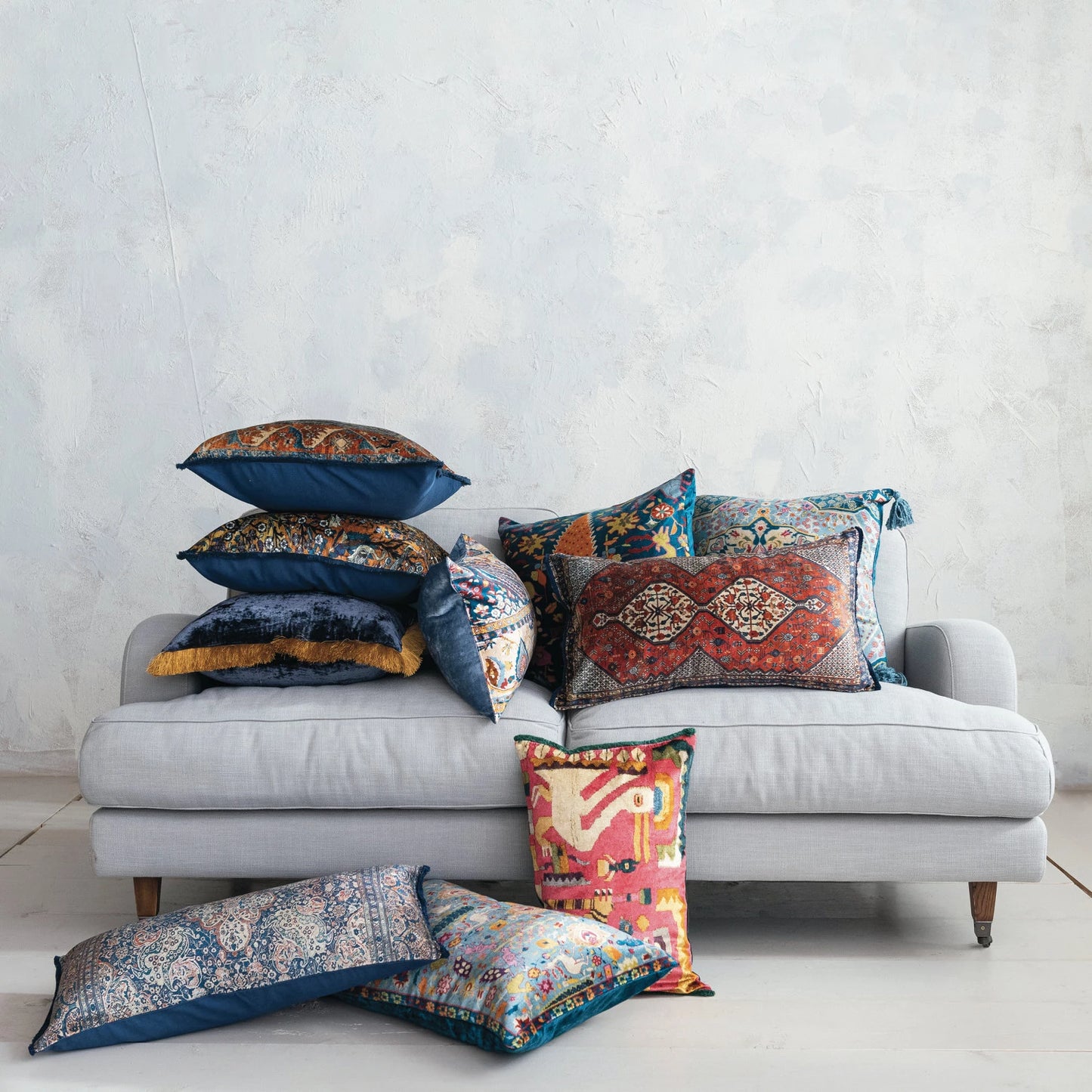 Cotton Blend Velvet Printed Lumbar Pillow w/Fringe
