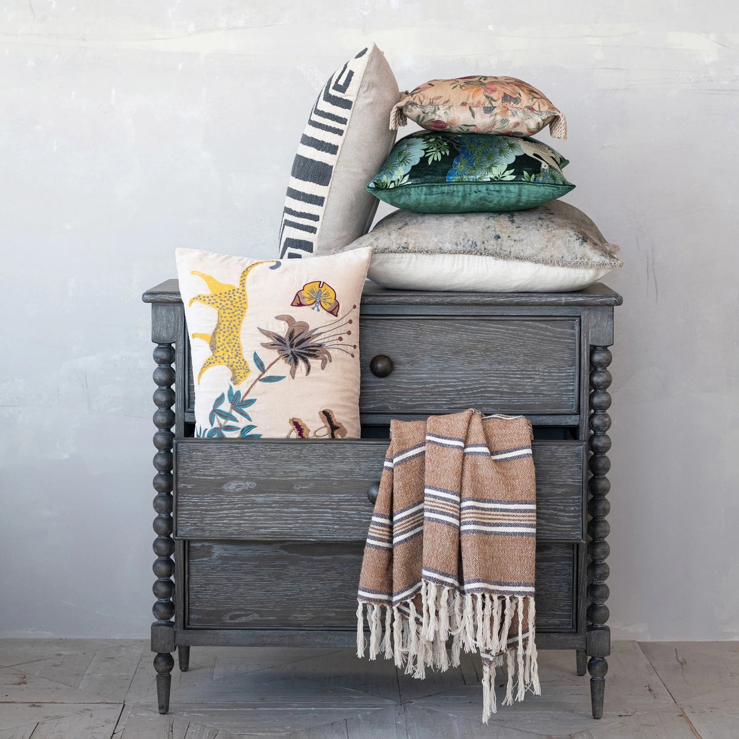 Cotton Velvet Lumbar Pillow w/Embroidered Flora/Fauna