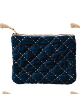 Quilted Cotton Velvet Zip Pouch w/Metallic Thread Embroidery & Tassel (6 Colors)