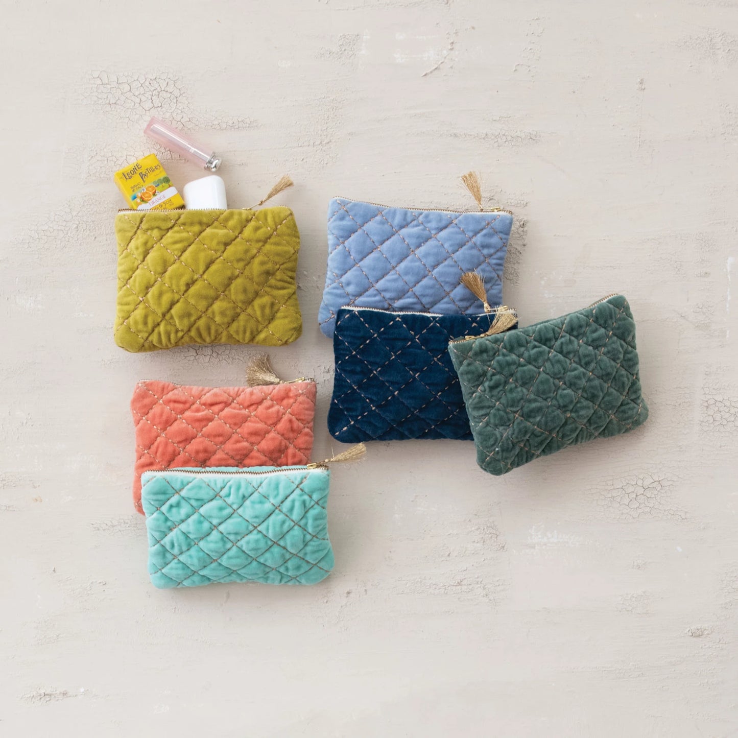 Quilted Cotton Velvet Zip Pouch w/Metallic Thread Embroidery & Tassel (6 Colors)